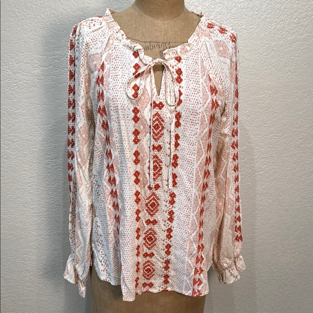 Savanna Jane Women‎ Bohemian Orange and White Long Sleeve Tie Front Top Medium